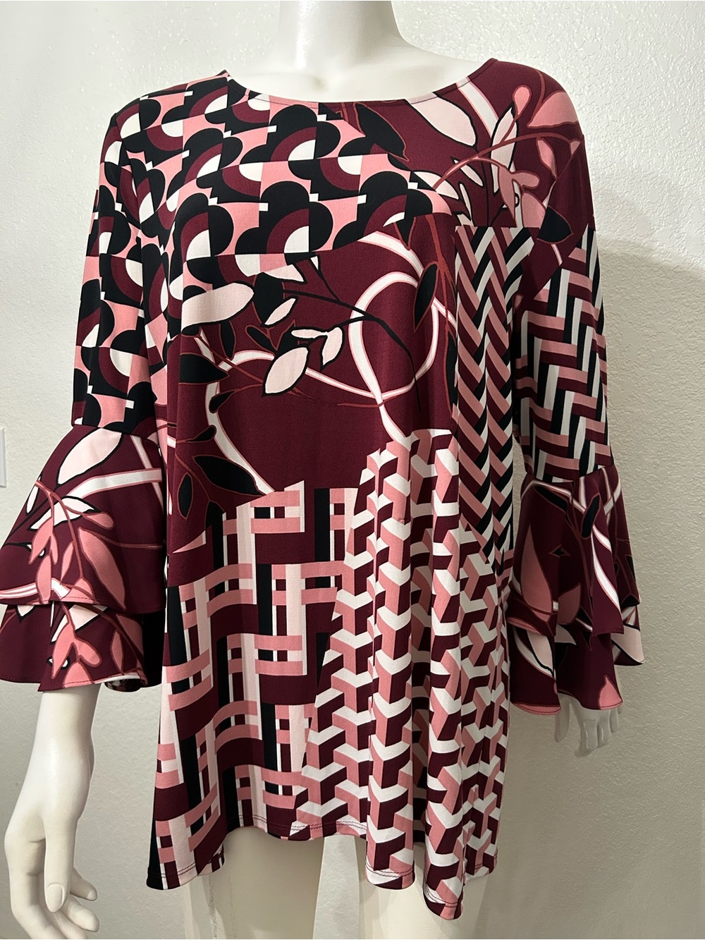 Alfani Maroon, Pink and Black Printed Ruffle-Sleeve Top NWOT